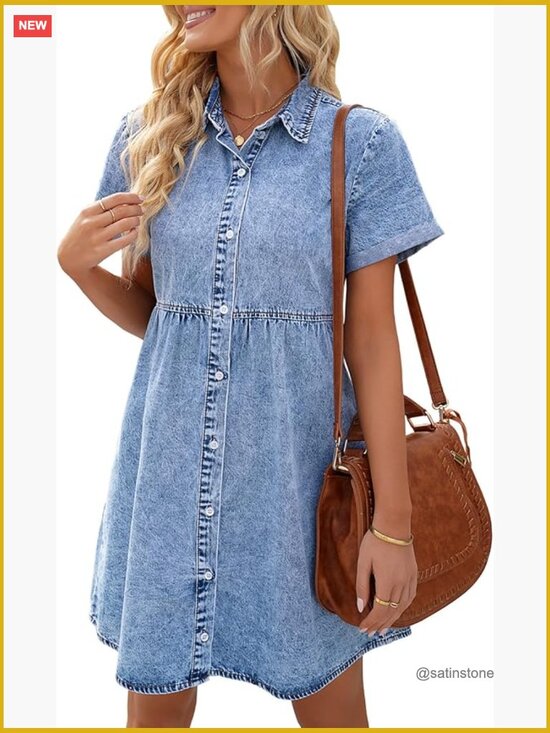 Dresses & Skirts - Short Sleeve Button Down Flowy Tiered Babydoll Denim Dress